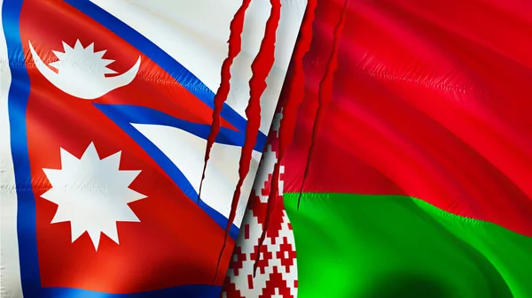 Nepal and Belarus flags with scar concept. Waving flag,3D rendering. Nepal and Belarus conflict concept. Nepal Belarus relations concept. flag of Nepal and Belarus crisis,war, attack concep