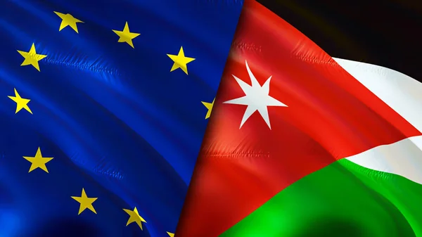 European Union and Jordan flags. 3D Waving flag design. European Union Jordan flag, picture, wallpaper. European Union vs Jordan image,3D rendering. European Union Jordan relations alliance an