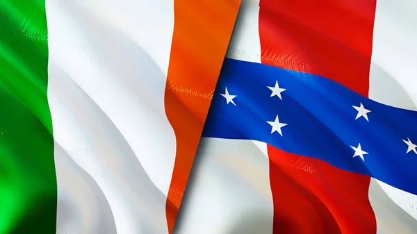 Ireland and Netherlands Antilles flags. 3D Waving flag design. Ireland Netherlands Antilles flag, picture, wallpaper. Ireland vs Netherlands Antilles image,3D rendering. Ireland Netherlands Antille