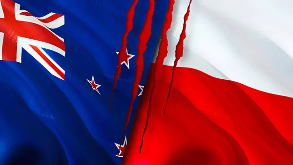 New Zealand and Poland flags with scar concept. Waving flag 3D rendering. New Zealand and Poland conflict concept. New Zealand Poland relations concept. flag of New Zealand and Poland crisis,war