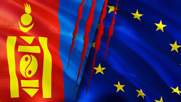 Mongolia and European Union flags with scar concept. Waving flag,3D rendering. Mongolia and European Union conflict concept. Mongolia European Union relations concept. flag of Mongolia and Europea