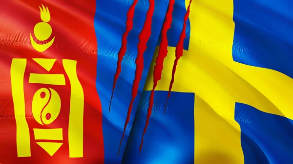 Mongolia and Sweden flags with scar concept. Waving flag,3D rendering. Mongolia and Sweden conflict concept. Mongolia Sweden relations concept. flag of Mongolia and Sweden crisis,war, attack concep