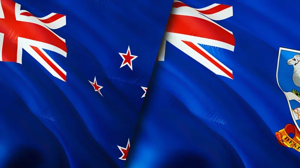 新西兰和福克兰群岛的国旗 3D波浪旗帜设计 新西兰福克兰群岛旗帜 新西兰对福克兰群岛图像 3D渲染 新西兰福克兰群岛 — 图库照片