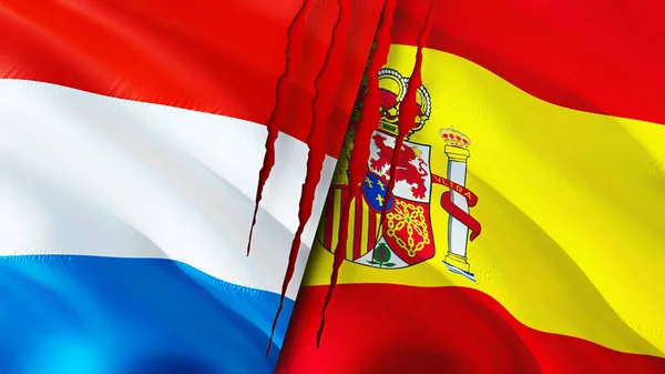 Luxembourg and Spain flags with scar concept. Waving flag,3D rendering. Luxembourg and Spain conflict concept. Luxembourg Spain relations concept. flag of Luxembourg and Spain crisis,war, attac