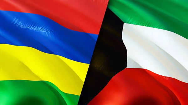 Mauritius and Kuwait flags. 3D Waving flag design. Mauritius Kuwait flag, picture, wallpaper. Mauritius vs Kuwait image,3D rendering. Mauritius Kuwait relations alliance and Trade,travel,touris