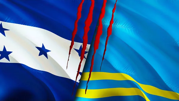 Honduras Aruba Flagi Blizną Koncepcji Macha Flagą Renderowania Koncepcja Konfliktu — Zdjęcie stockowe