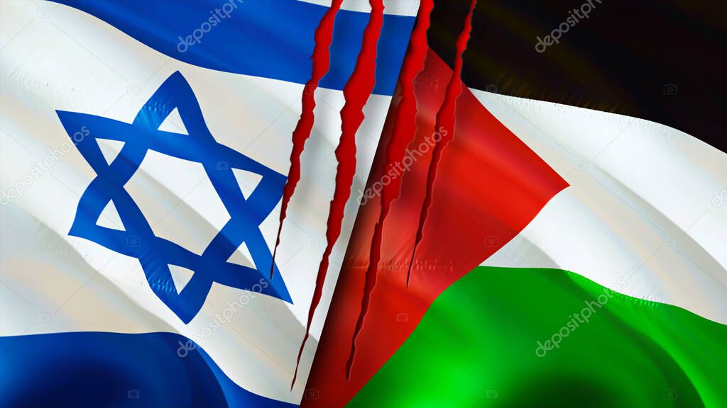 Israel and Palestine flags with scar concept. Waving flag,3D rendering. Israel and Palestine conflict concept. Israel Palestine relations concept. flag of Israel and Palestine crisis,war, attac