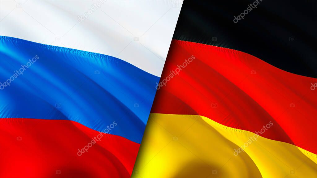 Russia and Germany flags. 3D Waving flag design. Russia Germany flag, picture, wallpaper. Russia vs Germany image,3D rendering. Russia Germany relations alliance and Trade,travel,tourism concep