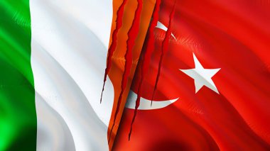 Yara izi olan İrlanda ve Türkiye bayrakları. 3D bayrak sallama. İrlanda ve Türkiye çatışma konsepti. İrlanda Türkiye ilişkileri kavramı. İrlanda ve Türkiye bayrağı krizi, savaş, saldırı konsepti