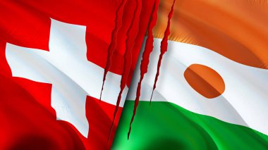 Yara izi olan İsviçre ve Nijer bayrakları. Dalgalanan bayrak, 3 boyutlu görüntüleme. İsviçre ve Nijer çatışma konsepti. İsviçre Nijer İlişkileri kavramı. İsviçre bayrağı ve Nijer krizi, savaş, attac