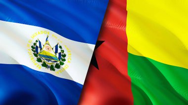 El Salvador ve Gine Bissau bayrakları. 3 boyutlu dalgalanan bayrak tasarımı. El Salvador Gine Bissau bayrağı, resim, duvar kağıdı. El Salvador, Gine Bissau 'ya karşı, görüntü 3 boyutlu. El Salvador Gine Bissau ilişkisi