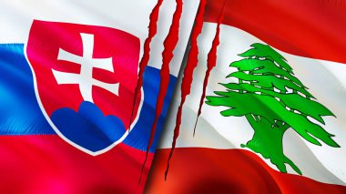 Yara izi olan Slovakya ve Lübnan bayrakları. Dalgalanan bayrak, 3 boyutlu görüntüleme. Slovakya ve Lübnan çatışma konsepti. Slovakya Lübnan ilişkileri kavramı. Slovakya ve Lübnan bayrağı krizi, savaş, attac
