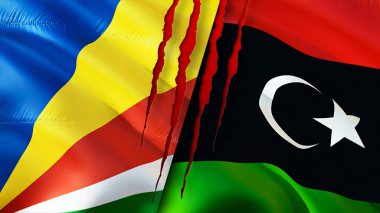 Yara izi olan Seyşeller ve Libya bayrakları. Dalgalanan bayrak, 3 boyutlu görüntüleme. Seyşeller ve Libya çatışma konsepti. Seyşeller Libya ilişkileri kavramı. Seyşeller bayrağı ve Libya krizi, savaş, attac