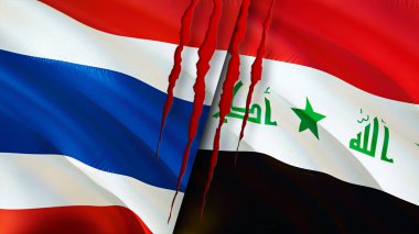 Yara izi olan Tayland ve Irak bayrakları. Dalgalanan bayrak, 3 boyutlu görüntüleme. Tayland ve Irak çatışması kavramı. Tayland ve Irak ilişkileri kavramı. Tayland bayrağı ve Irak krizi, savaş, saldırı konsepti