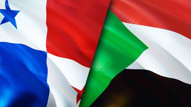 Panama ve Sudan bayrakları. 3 boyutlu dalgalanan bayrak tasarımı. Panama Sudan bayrağı, resim, duvar kağıdı. Panama, Sudan 'a karşı, görüntü 3 boyutlu. Panama Sudan ilişkileri ittifak ve ticaret, seyahat, turizm konsepti