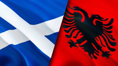 İskoçya ve Arnavutluk bayrakları. 3 boyutlu dalgalanan bayrak tasarımı. İskoçya Arnavutluk bayrağı, resim, duvar kağıdı. İskoçya Arnavutluk 'a karşı, görüntü 3D. İskoçya Arnavutluk ilişkileri ittifak ve ticaret, seyahat, turnuva