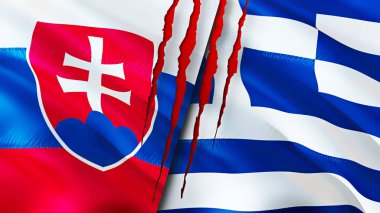 Slovakya ve Yunanistan yara izi kavramına sahip. Dalgalanan bayrak, 3 boyutlu görüntüleme. Slovakya ve Yunanistan ihtilaf kavramı. Slovakya Yunanistan ilişkileri kavramı. Slovakya ve Yunanistan bayrağı kriz, savaş, saldırı konsepti