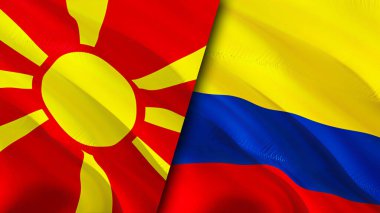Kuzey Makedonya ve Kolombiya bayrakları. 3 boyutlu dalgalanan bayrak tasarımı. Kuzey Makedonya Kolombiya bayrağı, resim, duvar kağıdı. Kuzey Makedonya, Kolombiya 'ya karşı, görüntü 3D. Kuzey Makedonya - Kolombiya ilişkisi