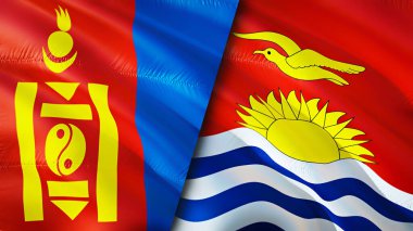 Moğolistan ve Kiribati bayrakları. 3 boyutlu dalgalanan bayrak tasarımı. Moğolistan Kiribati bayrağı, resim, duvar kağıdı. Moğolistan Kiribati 'ye karşı, görüntü 3 boyutlu. Moğolistan Kiribati ilişkileri ittifak ve ticaret, seyahat, turnuva