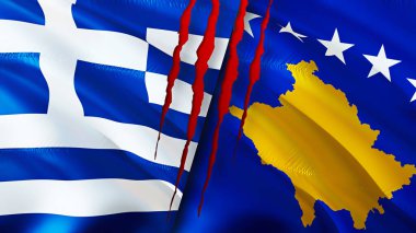 Yara izi kavramına sahip Yunanistan ve Kosova bayrakları. Dalgalanan bayrak, 3 boyutlu görüntüleme. Yunanistan ve Kosova ihtilaf kavramı. Yunanistan Kosova ilişkileri kavramı. Yunanistan bayrağı ve Kosova krizi, savaş, saldırı konsepti