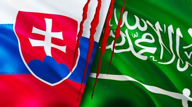 Slovakya ve Suudi Arabistan yara izi olan bayraklar. Dalgalanan bayrak, 3 boyutlu görüntüleme. Slovakya ve Suudi Arabistan çatışma konsepti. Slovakya Suudi Arabistan ilişkileri kavramı. Slovakya ve Suudi Arabistan bayrağı