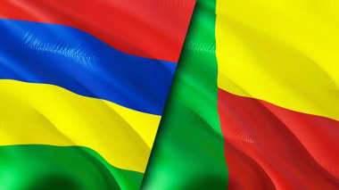 Mauritius ve Benin bayrakları. 3 boyutlu dalgalanan bayrak tasarımı. Mauritius Benin bayrağı, resim, duvar kağıdı. Mauritius, Benin 'e karşı, görüntü 3 boyutlu. Mauritius Benin ilişkileri ittifak ve ticaret, seyahat, turizm konsepti