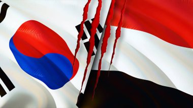 Güney Kore ve Yemen bayraklarında yara izi var. Dalgalanan bayrak, 3 boyutlu görüntüleme. Güney Kore ve Yemen çatışma konsepti. Güney Kore Yemen ilişkileri kavramı. Güney Kore bayrağı ve Yemen krizi, savaş, attac