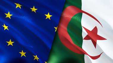 Avrupa Birliği ve Cezayir bayrakları. 3 boyutlu dalgalanan bayrak tasarımı. Avrupa Birliği Cezayir bayrağı, resim, duvar kağıdı. Avrupa Birliği, Cezayir 'e karşı imaj, 3D görüntüleme. Avrupa Birliği Cezayir ilişkileri ittifakı