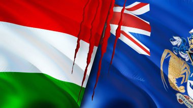 Macaristan ve Tristan da Cunha yara izi olan bayraklar. Dalgalanan bayrak, 3 boyutlu görüntüleme. Macaristan ve Tristan da Cunha çatışma konsepti. Macaristan Tristan da Cunha ilişkileri kavramı. Macaristan ve Trista bayrağı