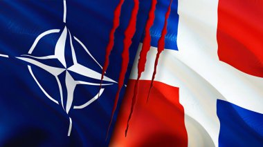 Yara izi olan NATO ve Dominik Cumhuriyeti bayrakları. Dalgalanan bayrak, 3 boyutlu görüntüleme. Dominik Cumhuriyeti ve NATO çatışma konsepti. NATO Dominik Cumhuriyeti ilişkileri kavramı. NATO ve Dominika bayrağı