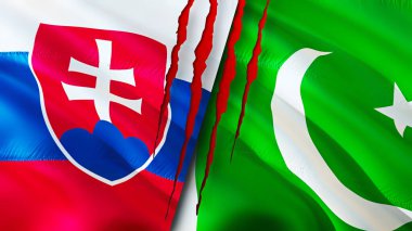 Slovakya ve yara izi olan Pakistan bayrakları. Dalgalanan bayrak, 3 boyutlu görüntüleme. Slovakya ve Pakistan çatışma konsepti. Slovakya Pakistan ilişkileri kavramı. Slovakya bayrağı ve Pakistan krizi, savaş, attac