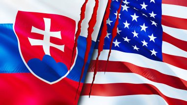 Slovakya ve ABD bayrakları yara izi konseptiyle. Dalgalanan bayrak, 3 boyutlu görüntüleme. Slovakya ve Birleşik Devletler çatışma konsepti. Slovakya Birleşik Devletler ilişkileri kavramı. Slovakya ve Birlik Bayrağı