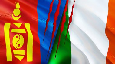 Yara izi olan Moğolistan ve İrlanda bayrakları. Dalgalanan bayrak, 3 boyutlu görüntüleme. Moğolistan ve İrlanda çatışma konsepti. Moğolistan İrlanda ilişkileri kavramı. Moğolistan ve İrlanda bayrağı krizi, savaş, attac