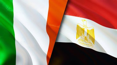 İrlanda ve Mısır bayrakları. 3 boyutlu dalgalanan bayrak tasarımı. İrlanda bayrağı, resim, duvar kağıdı. İrlanda, Mısır 'a karşı, görüntü 3 boyutlu. İrlanda Mısır ilişkileri savaş ittifakı kavramı. Ticaret, turizm kavramı