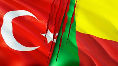 Yara izi olan hindi ve Benin bayrakları. Dalgalanan bayrak, 3 boyutlu görüntüleme. Türkiye ve Benin çatışma konsepti. Hindi Benin ilişkileri kavramı. Türkiye bayrağı ve Benin krizi, savaş, saldırı konsepti