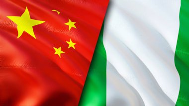 Çin ve Nijerya bayrakları. 3 boyutlu dalgalanan bayrak tasarımı. Çin Nijerya bayrağı, resim, duvar kağıdı. Çin, Nijerya 'ya karşı, görüntü 3 boyutlu. Çin Nijerya ilişkileri ittifak ve ticaret, seyahat, turizm konsepti