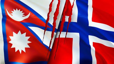 Nepal ve Norveç yara izi kavramına sahip bayraklar. Dalgalanan bayrak, 3 boyutlu görüntüleme. Nepal ve Norveç çatışması konsepti. Nepal Norveç ilişkileri kavramı. Nepal ve Norveç bayrağı Kriz, savaş, saldırı konsepti
