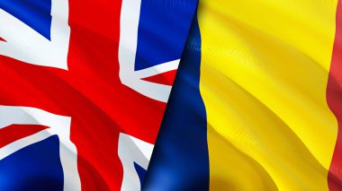 Birleşik Krallık ve Çad bayrakları. 3 boyutlu dalgalanan bayrak tasarımı. Birleşik Krallık Çad bayrağı, resim, duvar kağıdı. Birleşik Krallık, Chad 'e karşı, görüntü 3 boyutlu. Birleşik Krallık Çad ilişkileri