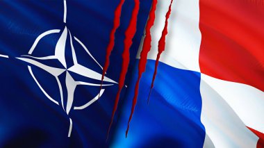 Yara izi olan NATO ve Panama bayrakları. Dalgalanan bayrak, 3 boyutlu görüntüleme. Panama ve NATO çatışma konsepti. NATO Panama ilişkileri kavramı. NATO ve Panama krizi bayrağı, savaş, saldırı konsepti