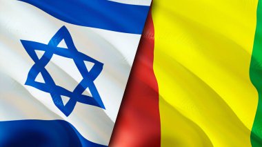 İsrail ve Gine bayrakları. 3 boyutlu dalgalanan bayrak tasarımı. İsrail Gine bayrağı, resim, duvar kağıdı. İsrail, Gine 'ye karşı, görüntü 3 boyutlu. İsrail Gine ilişkileri ittifak ve ticaret, seyahat, turizm konsepti