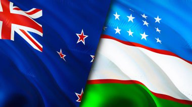 Yeni Zelanda ve Özbekistan bayrakları. 3 boyutlu dalgalanan bayrak tasarımı. Yeni Zelanda Özbekistan bayrağı, resim, duvar kağıdı. Yeni Zelanda, Özbekistan 'a karşı, görüntü 3 boyutlu. Yeni Zelanda Özbekistan ilişkileri savaş ittifakı