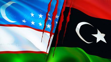 Yara izi olan Özbekistan ve Libya bayrakları. Dalgalanan bayrak, 3 boyutlu görüntüleme. Özbekistan ve Libya ihtilaf kavramı. Özbekistan Libya ilişkileri kavramı. Özbekistan bayrağı ve Libya krizi, savaş, attac