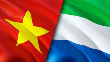 Vietnam ve Sierra Leone yara izi olan bayraklar. Dalgalanan bayrak, 3 boyutlu görüntüleme. Vietnam ve Sierra Leone çatışma konsepti. Vietnam Sierra Leone ilişkileri kavramı. Vietnam bayrağı ve Sierra Leon