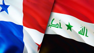 Panama ve Irak bayrakları. 3 boyutlu dalgalanan bayrak tasarımı. Panama Irak bayrağı, resim, duvar kağıdı. Panama Irak 'a karşı, görüntü 3D. Panama Irak ilişkileri ittifak ve ticaret, seyahat, turizm konsepti