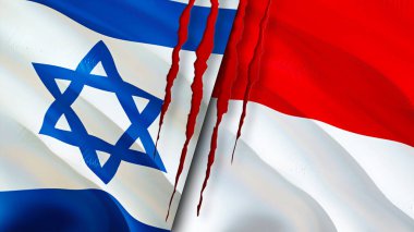 Yara izi olan İsrail ve Monako bayrakları. Dalgalanan bayrak, 3 boyutlu görüntüleme. İsrail ve Monako çatışma konsepti. İsrail Monako ilişkileri kavramı. İsrail bayrağı ve Monako krizi, savaş, saldırı konsepti