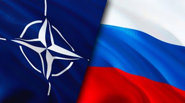 NATO ve Rusya bayrakları. 3 boyutlu dalgalanan bayrak tasarımı. Rusya NATO bayrağı, resim, duvar kağıdı. NATO Rusya 'ya karşı, görüntü 3 boyutlu. NATO Rusya ilişkileri ittifak ve ticaret, seyahat ve turizm kavramları