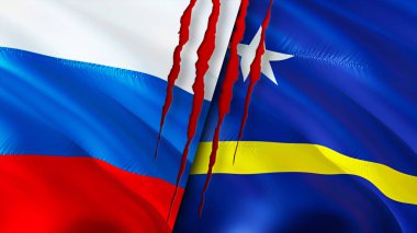 Rusya ve Curacao yara izi olan bayraklar. Dalgalanan bayrak, 3 boyutlu görüntüleme. Rusya ve Curacao çatışma konsepti. Rusya Curacao ilişkileri kavramı. Rusya bayrağı ve Curacao krizi, savaş, saldırı konsepti