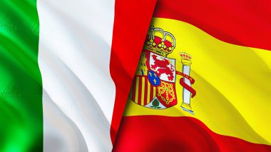 İtalya ve İspanya bayrakları. 3 boyutlu dalgalanan bayrak tasarımı. İtalya İspanya bayrağı, resim, duvar kağıdı. İtalya, İspanya 'ya karşı, görüntü 3D. İtalya İspanya ilişkileri ittifak ve ticaret, seyahat, turizm konsepti