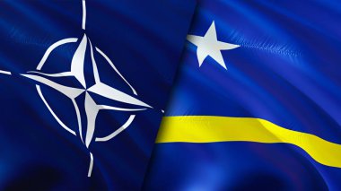 NATO ve Curacao bayrakları. 3 boyutlu dalgalanan bayrak tasarımı. Curacao NATO bayrağı, resim, duvar kağıdı. NATO, Curacao 'ya karşı, görüntü 3 boyutlu. NATO Curacao ilişkileri ittifak ve ticaret, seyahat, turizm konsepti