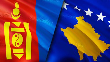 Moğolistan ve Kosova bayrakları. 3 boyutlu dalgalanan bayrak tasarımı. Moğolistan Kosova bayrağı, resim, duvar kağıdı. Moğolistan, Kosova 'nın imajına karşı, 3D görüntüleme. Moğolistan Kosova ilişkileri ittifak ve ticaret, seyahat ve turizm consepti